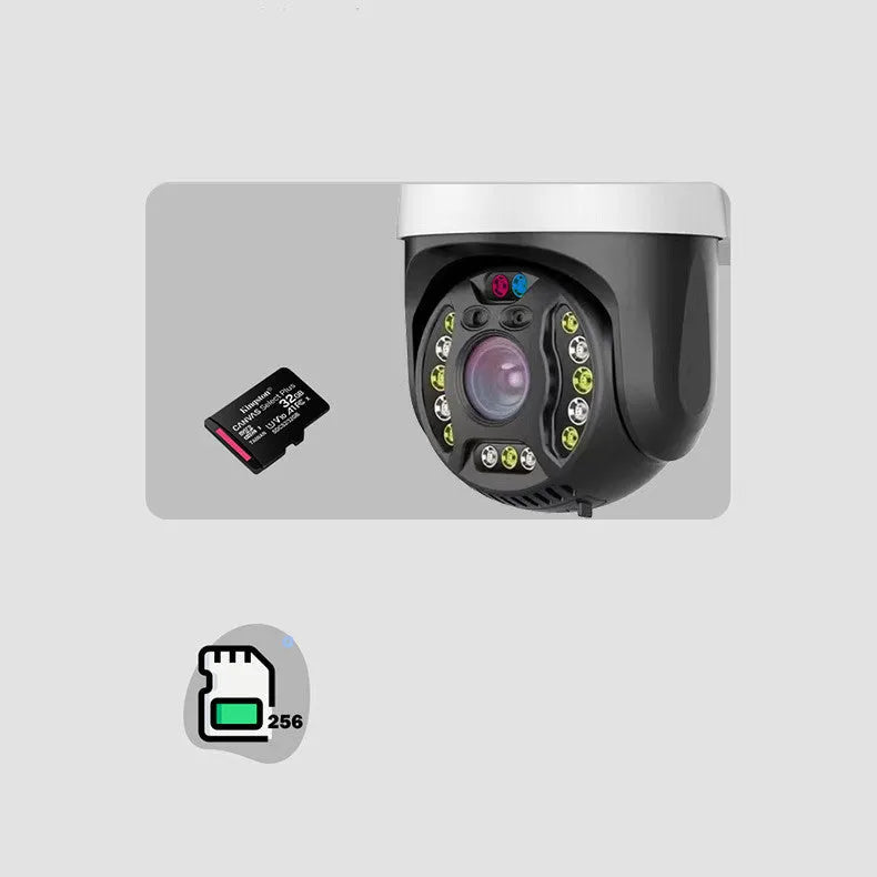 Outdoor dome security camera with 360-degree rotation on a wall mount, showing infrared LEDs for night vision.
