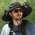 Solar-powered fan hat for outdoor fishing with adjustable design and wide sun protection brim