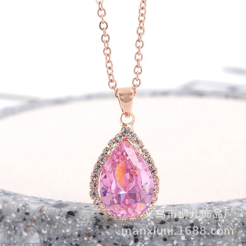 Women's rose gold water drop rhinestone necklace with geometric design and artificial gemstone inlay
