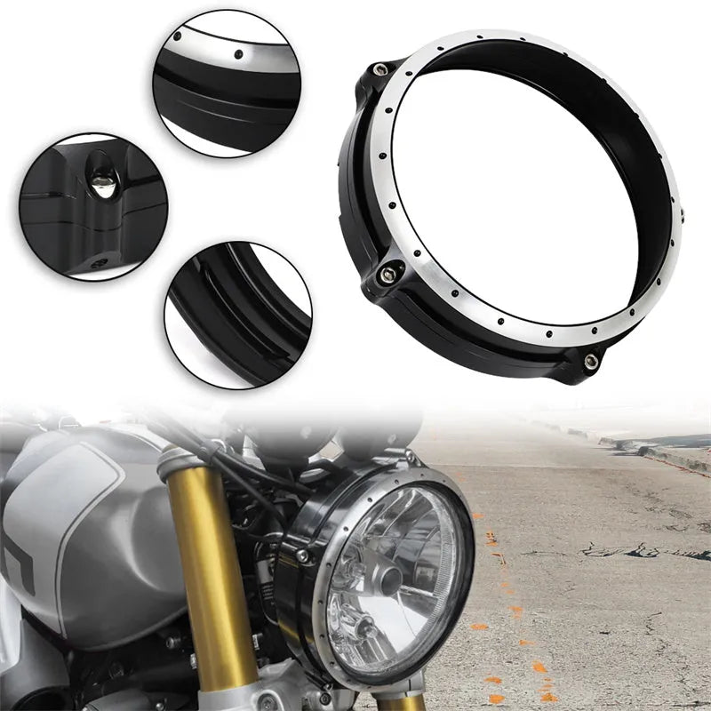 Black CNC aluminium headlight cover for BMW R nineT Scrambler motorcycle.