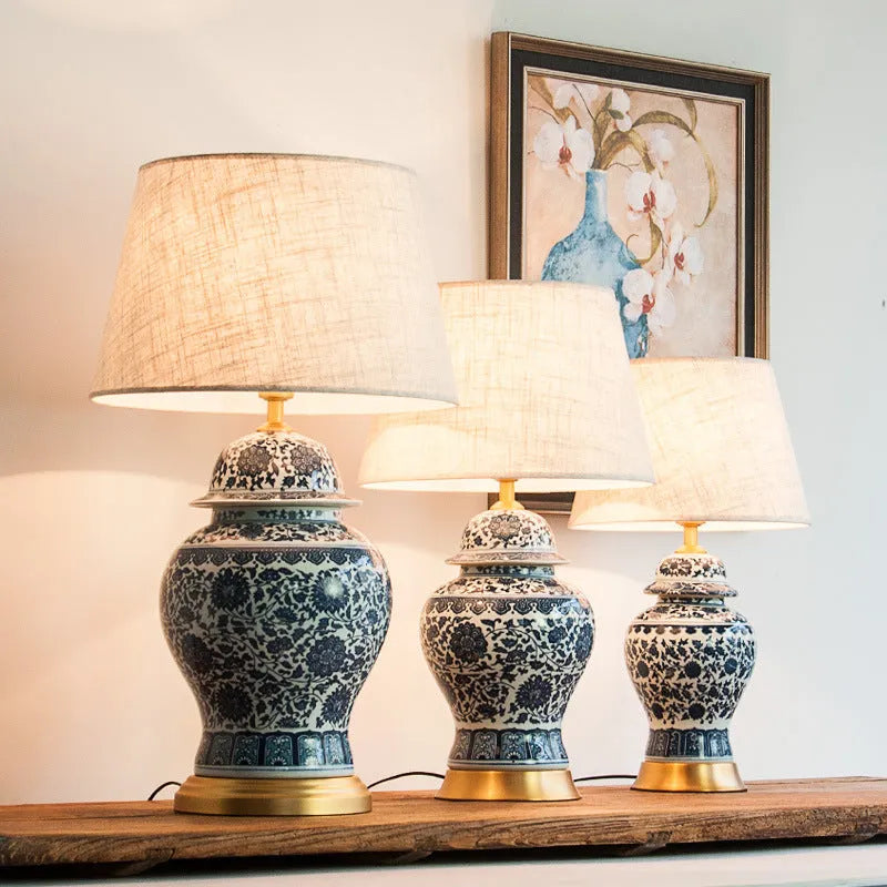 Chinese blue and white porcelain table lamp with handmade ceramic shade and cloth cover