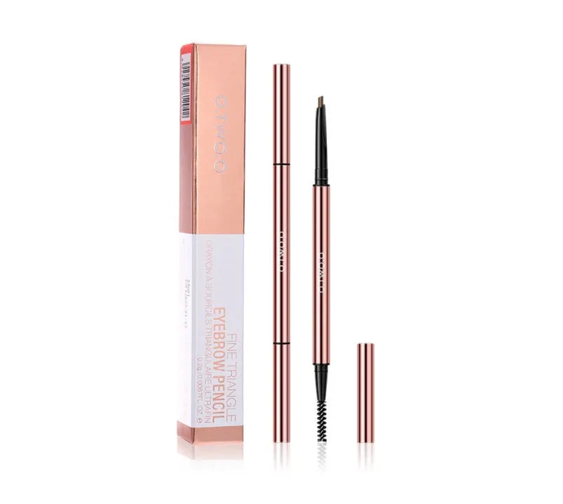 Slender eyebrow make-up pencil in a colour box, shown in six colour options including blonde and auburn.