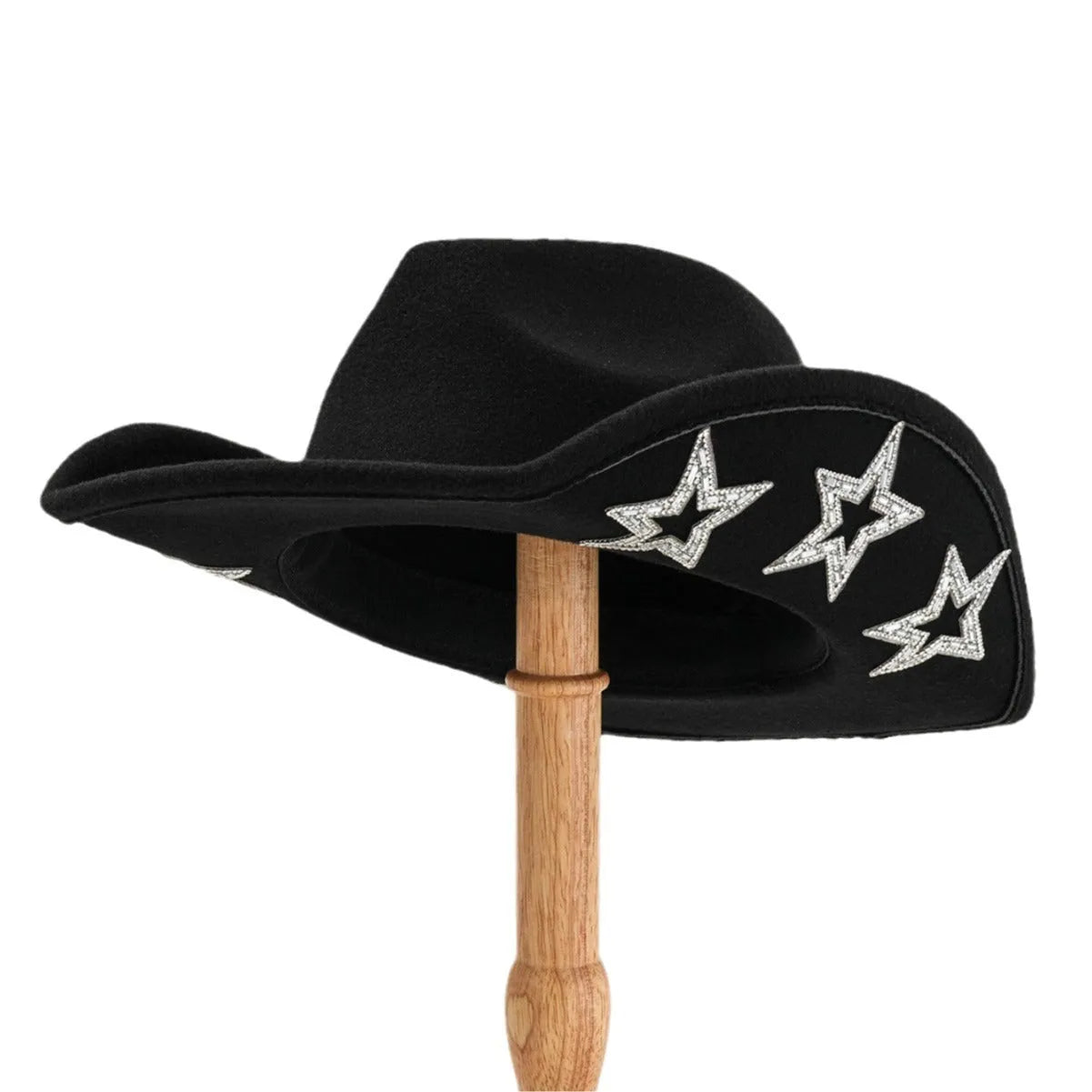 Polyester woven western cowboy hat with conical crown in beige colour with hexagonal star details
