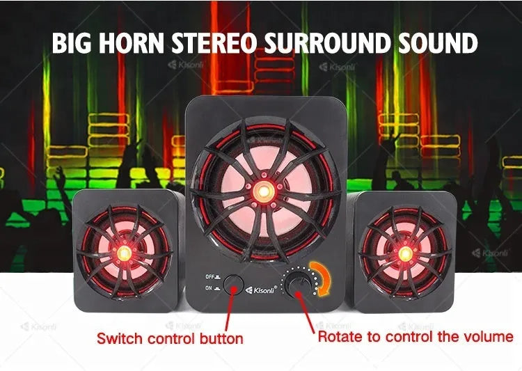 Green 2.1 USB computer speaker with colourful LED lighting on desktop