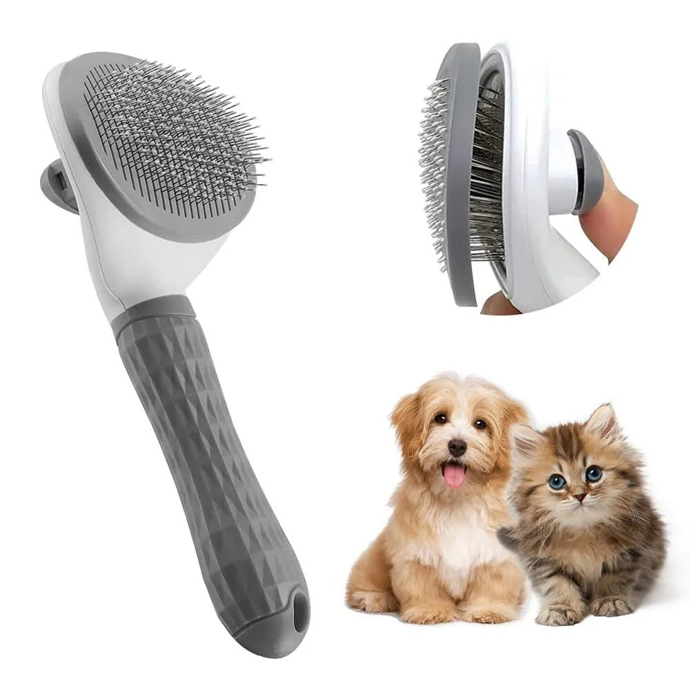 Cat grooming brush with release button in blue, grey or pink for removing loose fur and tangles