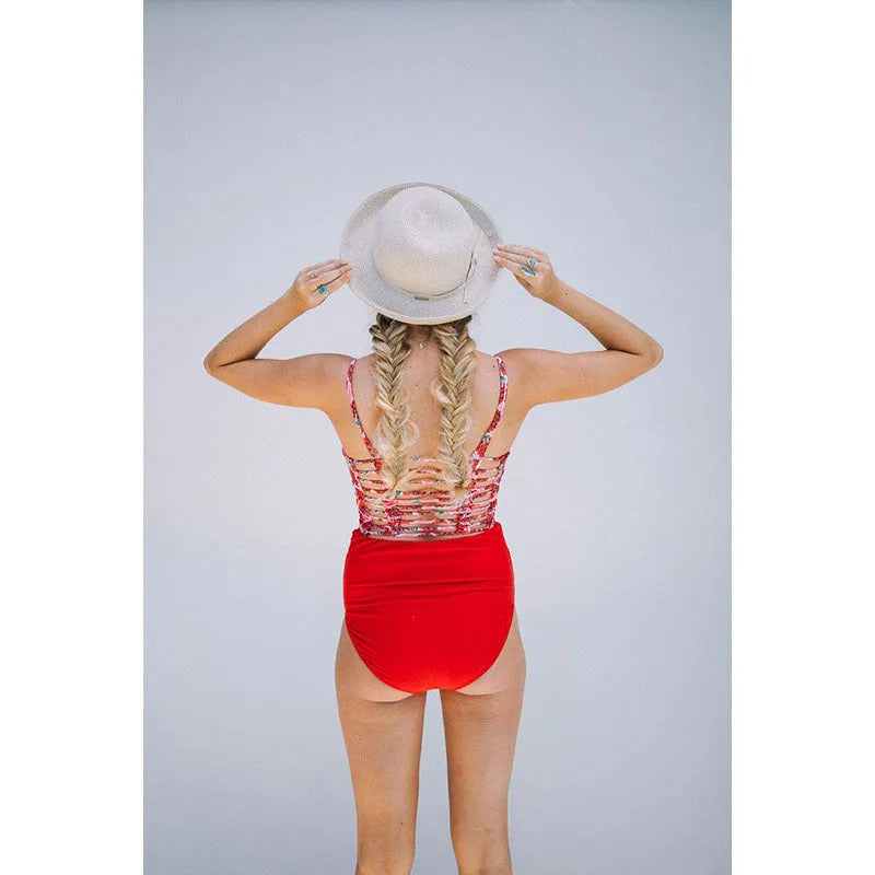 High waist maternity swimsuit with swim trunks in Red for pregnant women