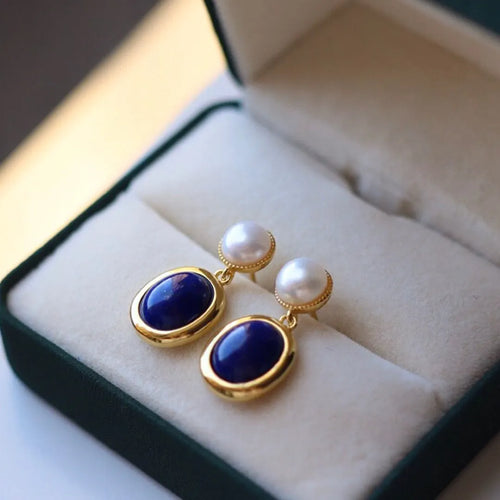 925 silver lapis lazuli pearl dangle earrings with auspicious pattern design.