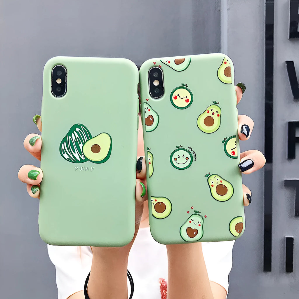 Cartoon avocado design on a green TPU back cover case for an iPhone.