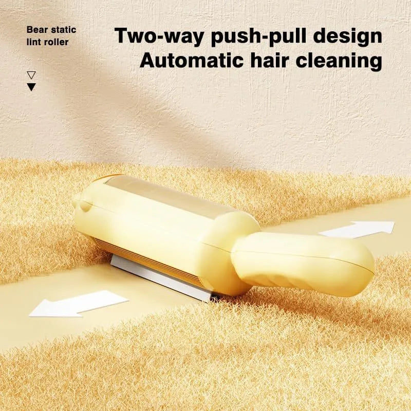 Blue pet hair remover roller with self-cleaning base on a fabric sofa.