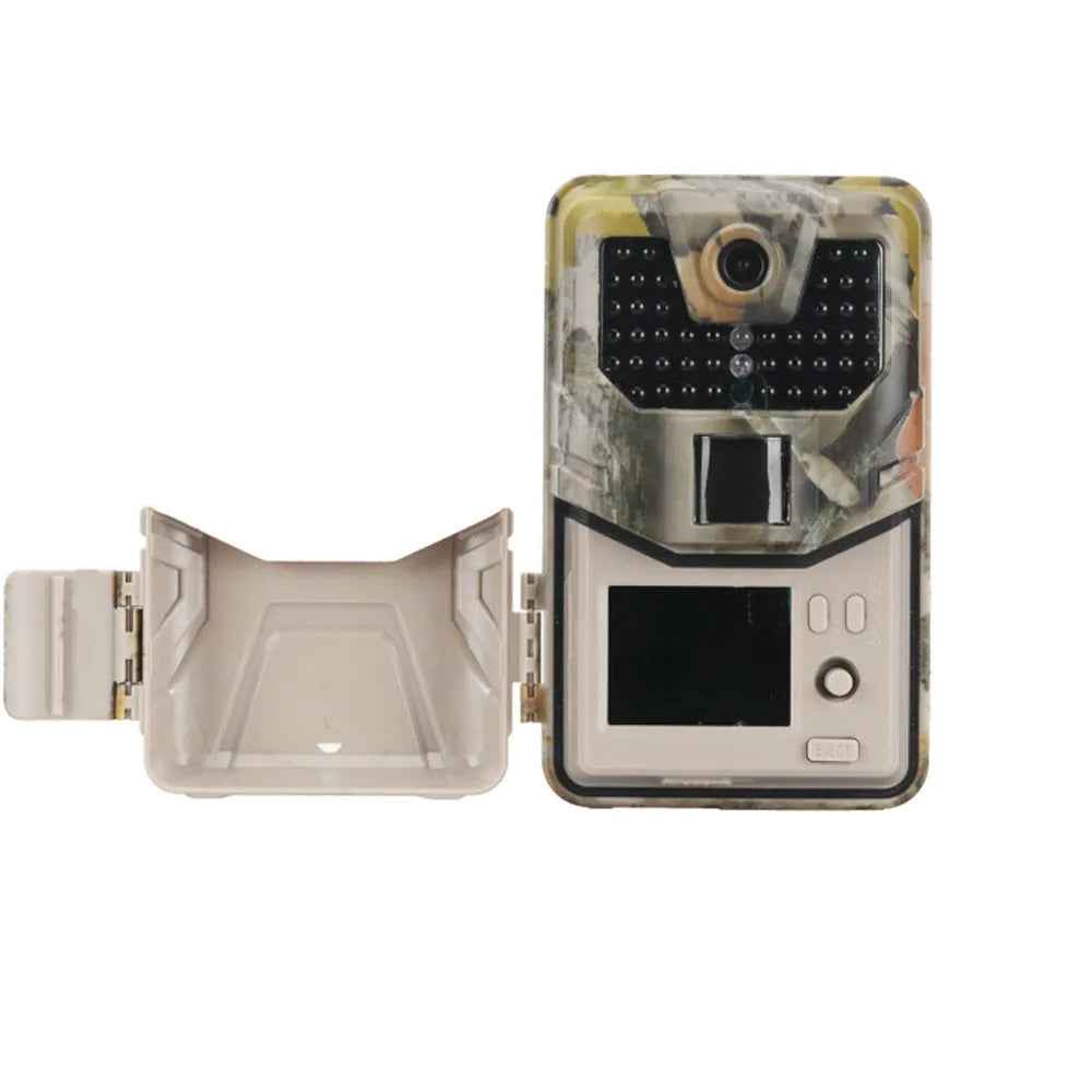 Camouflaged outdoor hunting camera with infrared LEDs, showing compact size for discreet placement.