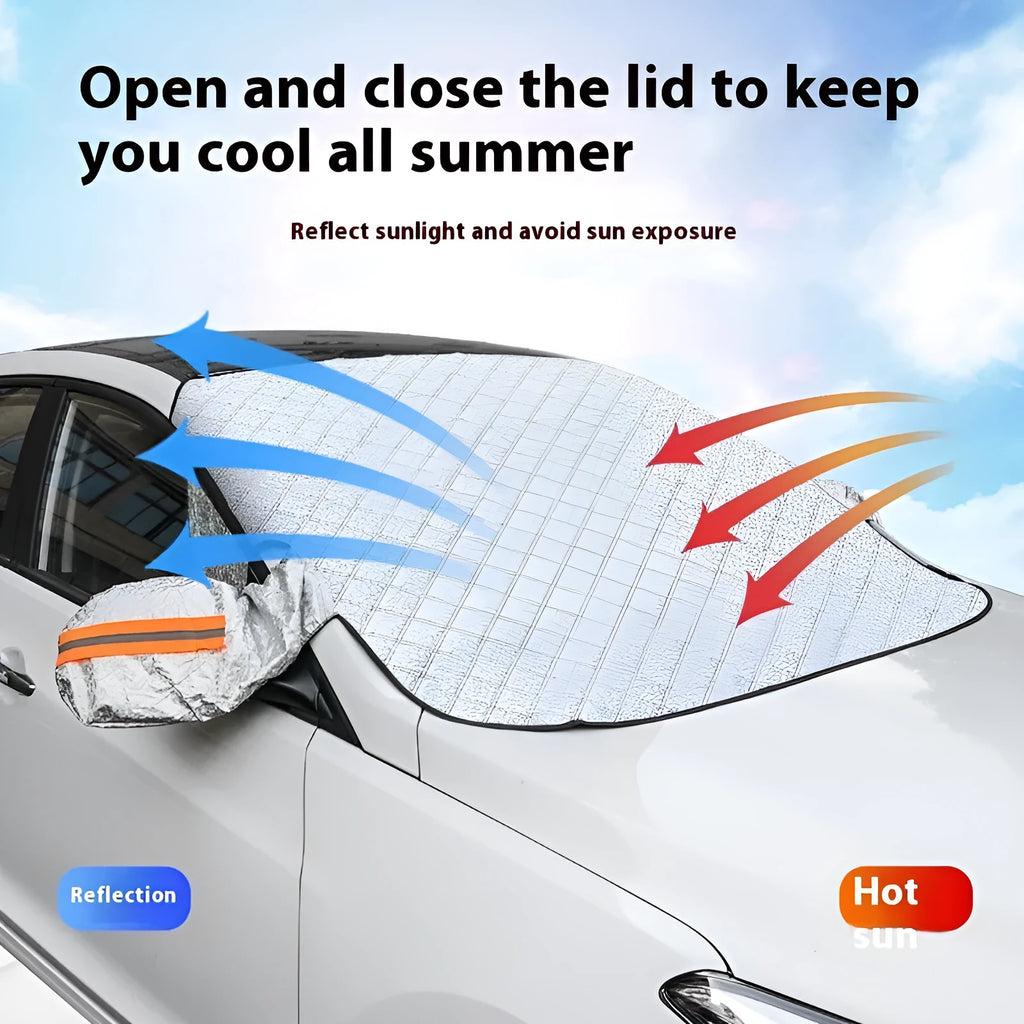 Large silver aluminium foil car windscreen cover for SUVs with five black magnets and reflective strips.