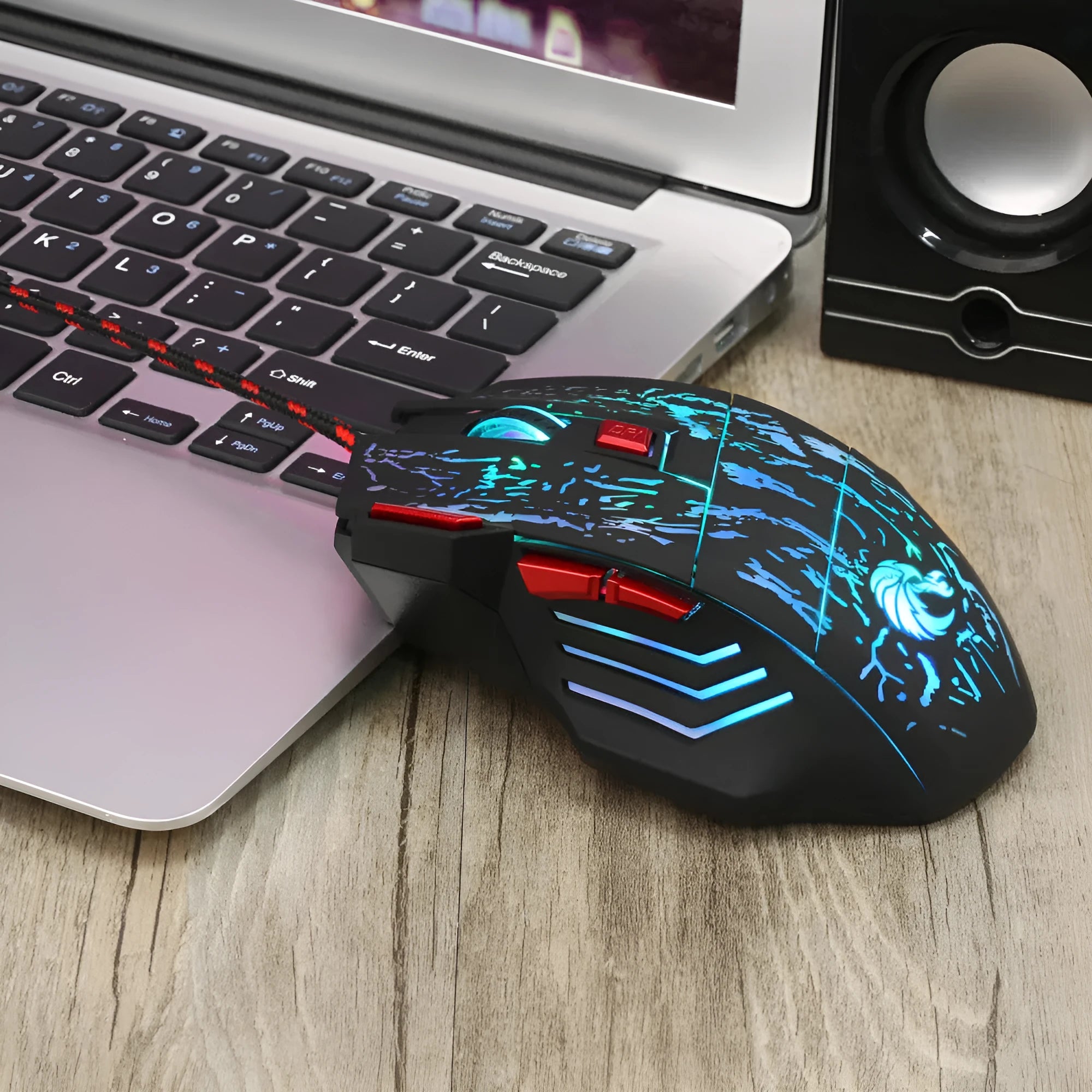 H300BK black gaming mouse with colourful luminous side lighting and USB cable