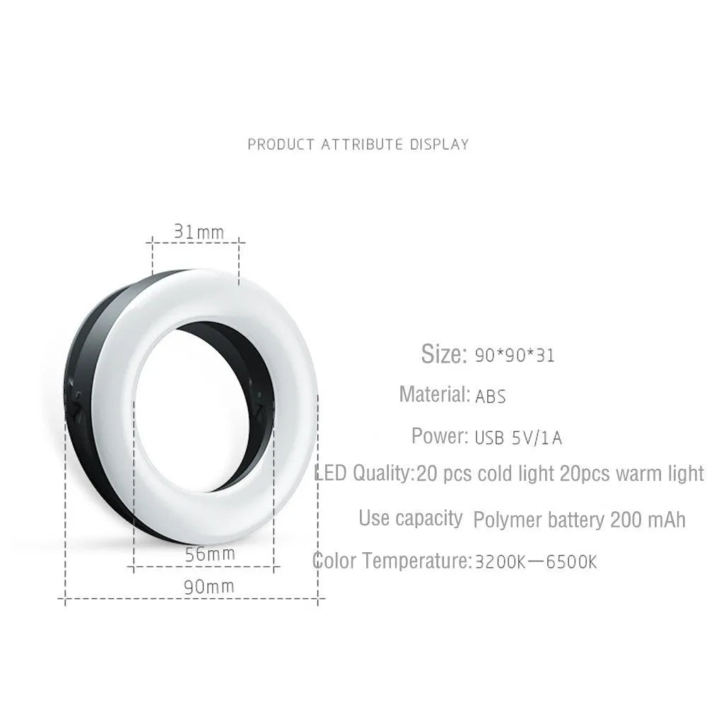 Compact black USB rechargeable selfie ring light for mobile phone photography