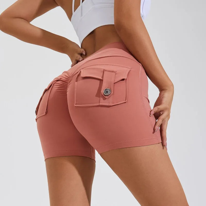 Women's high-waisted hip lifting shorts with pockets in quick-dry nylon fabric