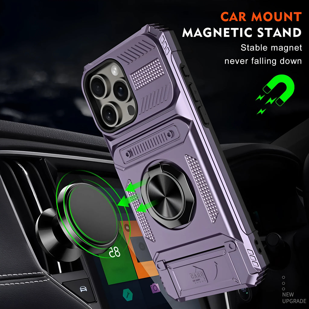 Black TPU PC metal phone case with hidden card slot and magnetic bracket for iPhone 15 Pro Max