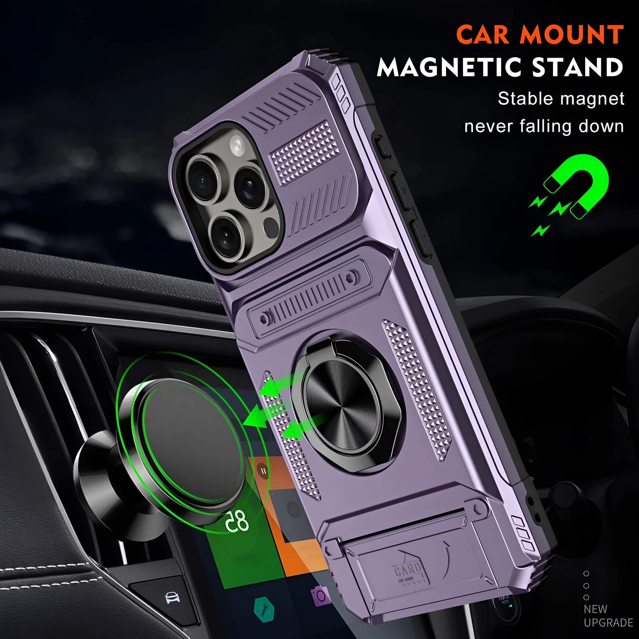 Black TPU PC metal phone case with hidden card slot and magnetic bracket for iPhone 15 Pro Max