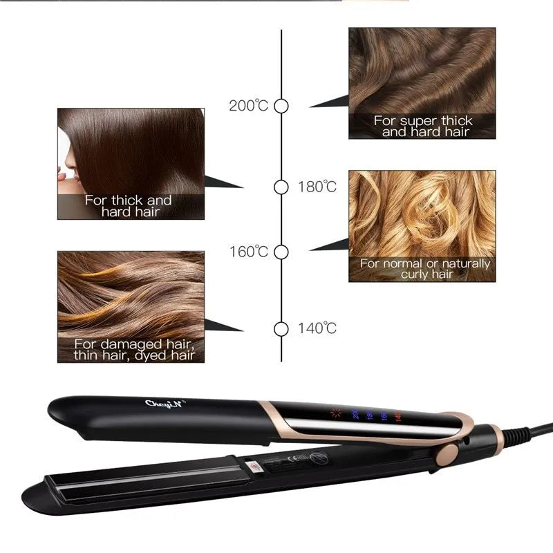 Black ceramic tourmaline negative ion hair straightener curler with LED display and 31cm plate