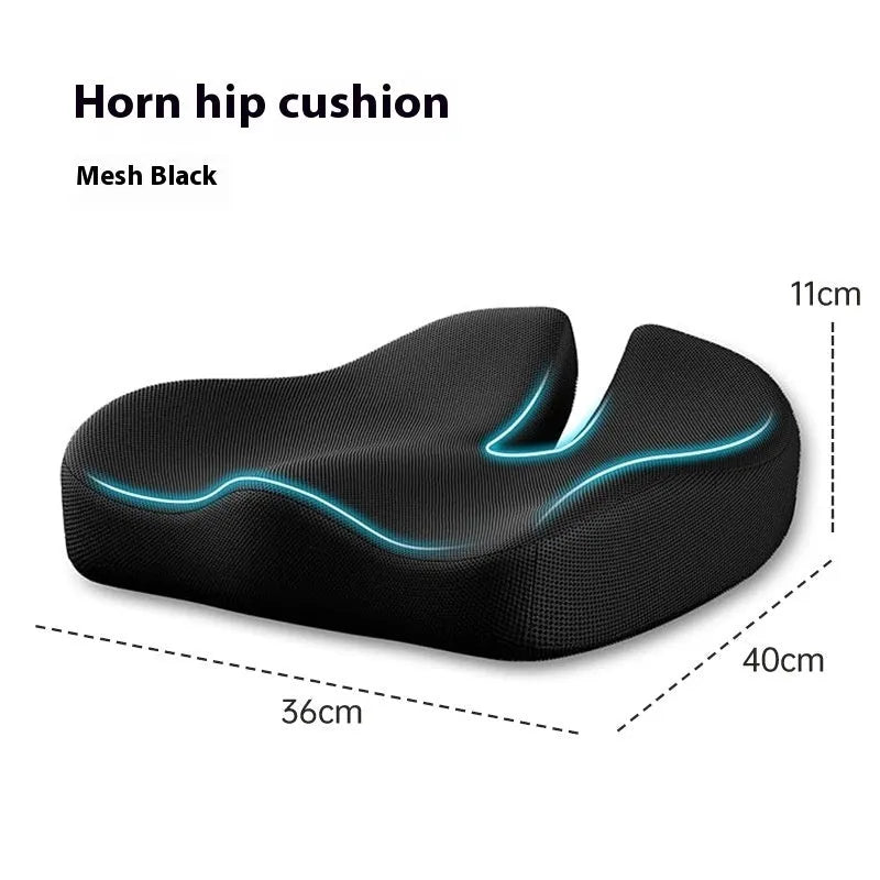 Memory foam office seat cushion in grey on a chair, showing its 36x40cm rectangular shape.