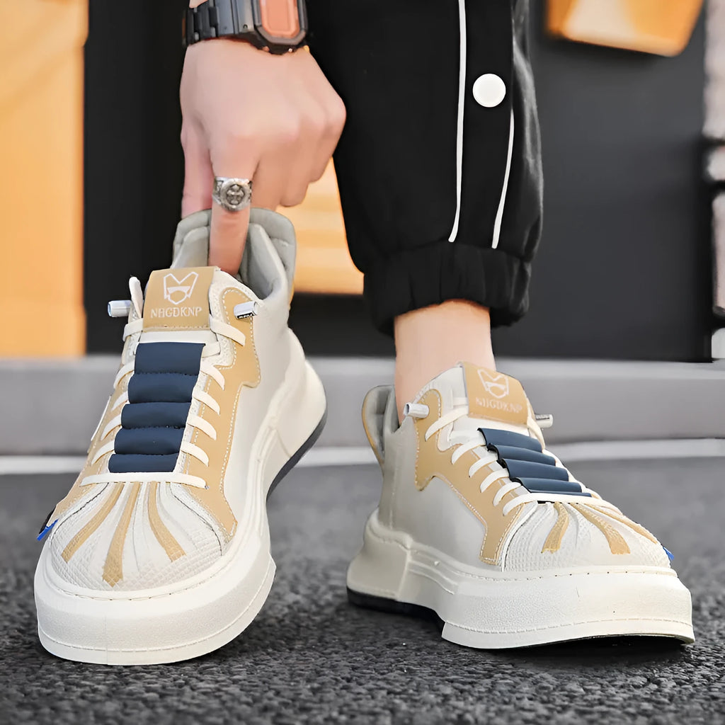 Men's beige low-top sneakers with elastic band and leather stitching details