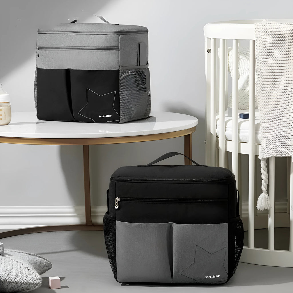 Nylon waterproof mommy bag backpack in solid colour with folds design, shoulder strap, and front open pocket