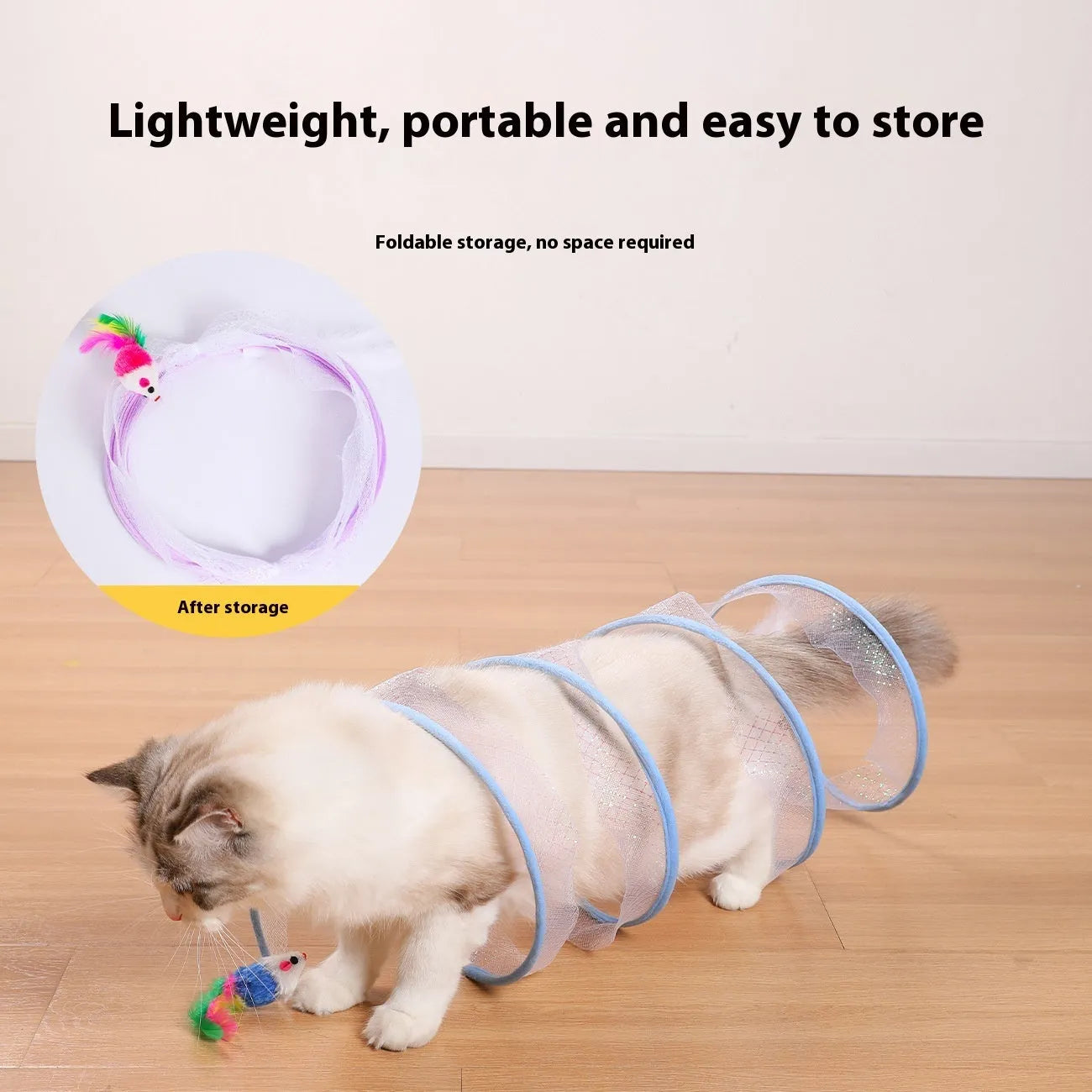 S-type collapsible cat tunnel toy with feather attachments on a steel wire and elastic net frame.