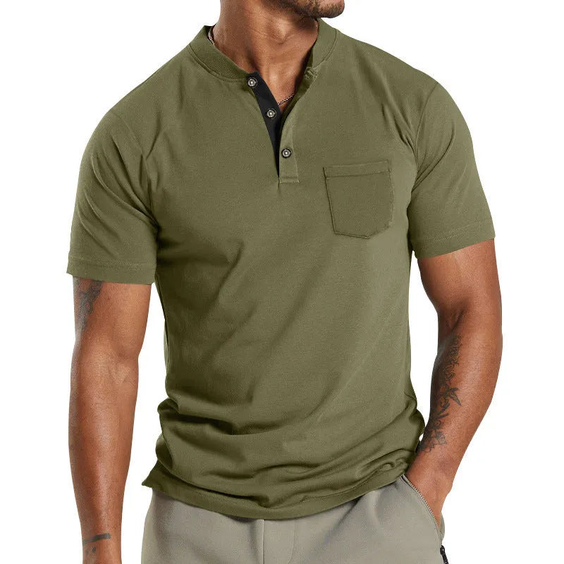 Plus size man modelling a solid colour short sleeve shirt with a chest pocket.