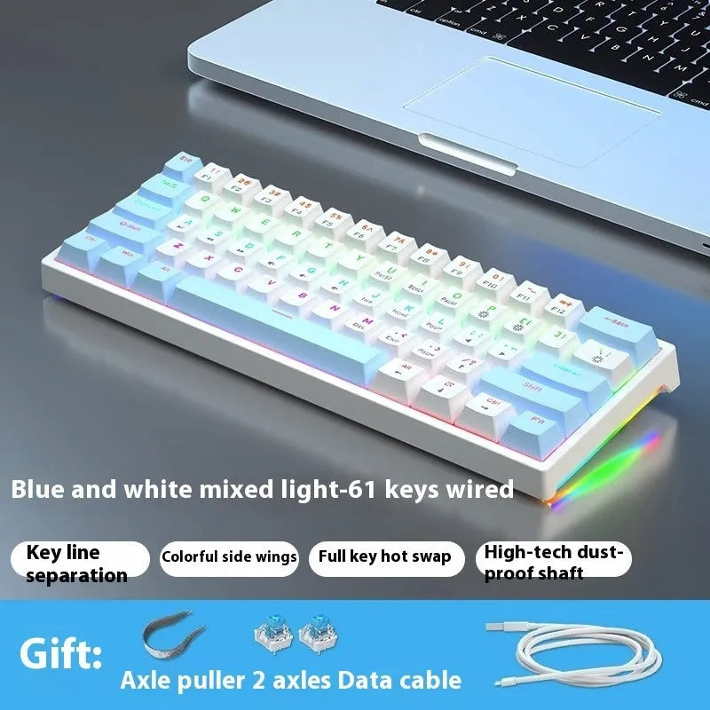 Bluish-black 61-key mechanical keyboard with wired USB cable on desktop