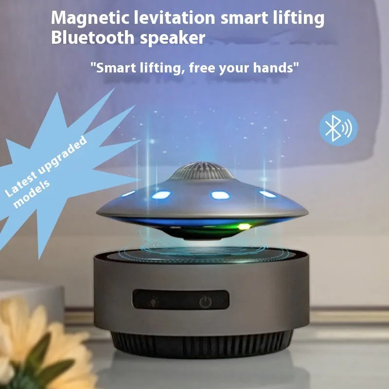 Magnetic levitation Bluetooth speaker with a floating glowing sphere above a circular base unit.