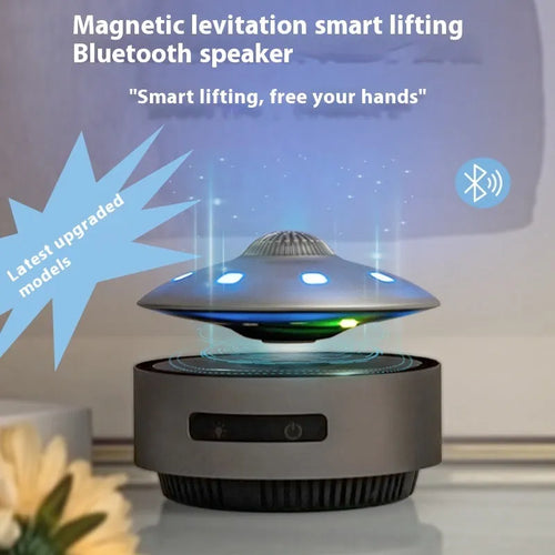 Magnetic levitation Bluetooth speaker with a floating glowing sphere above a circular base unit.