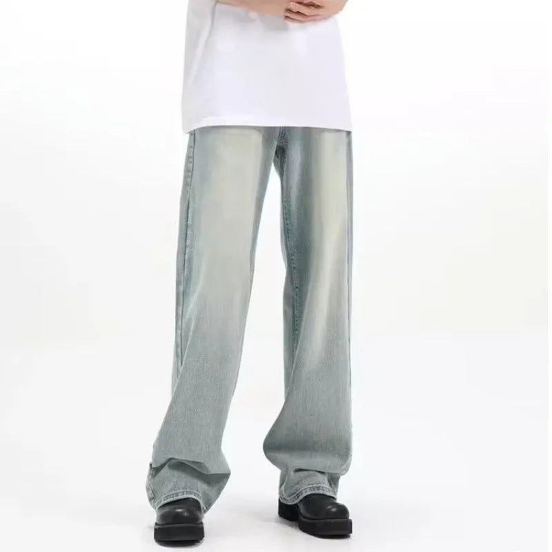 Blue retro casual trousers made from rabbit fur fabric with loose fit and high elasticity