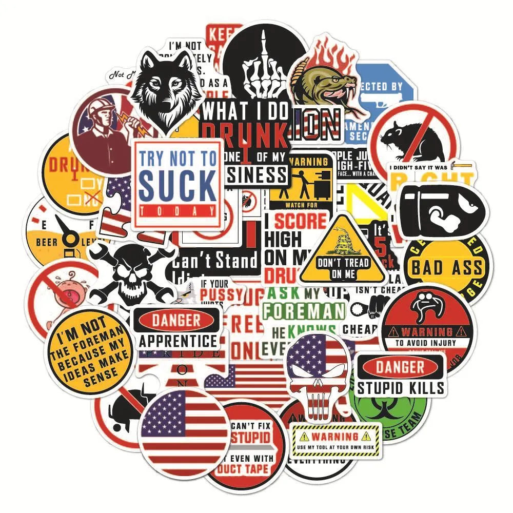Waterproof warning stickers for helmets with safety slogans, approximately 6-8cm size