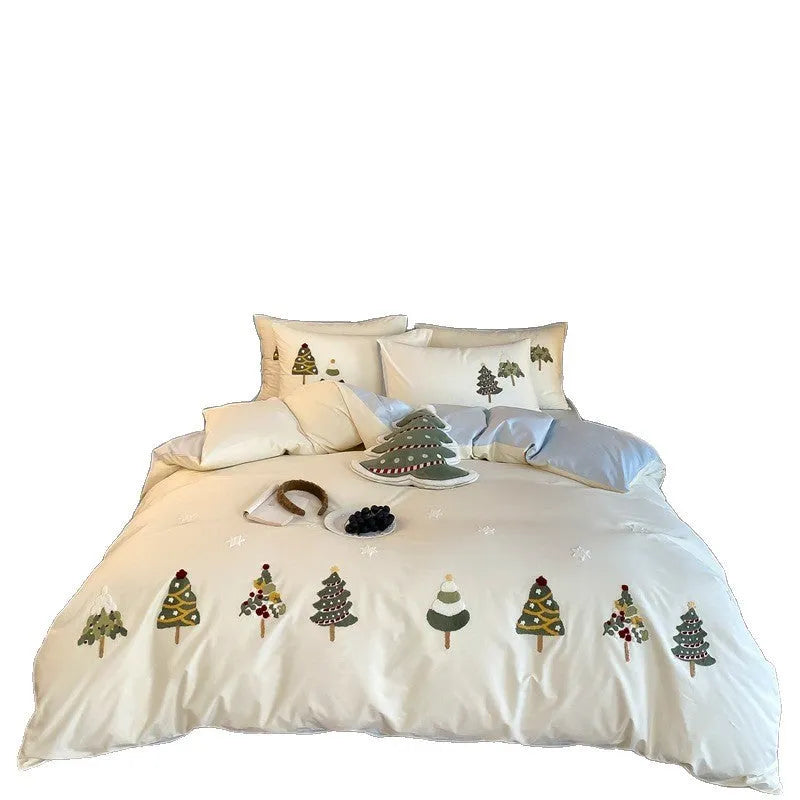 Cream Blue long-staple cotton bedding set with embroidered Christmas tree and floral pattern
