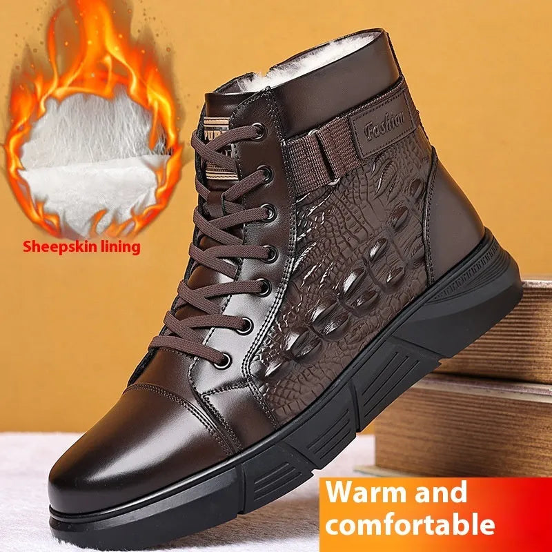 Black and brown genuine leather lace-up ankle boots with fur lining and rubber soles.