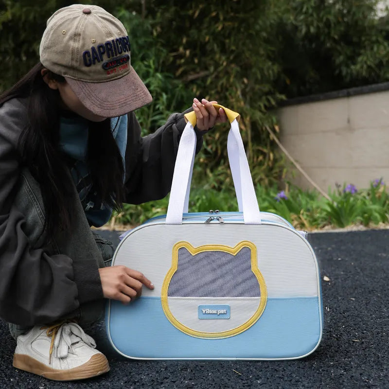 Outdoor portable foldable cat backpack in blue colour with breathable mesh panels