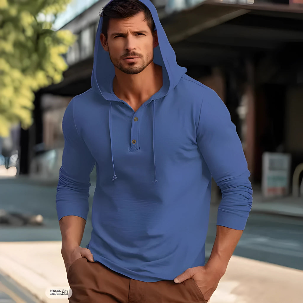 Men's cotton hooded sweatshirt in dark blue with pullover design and long sleeves