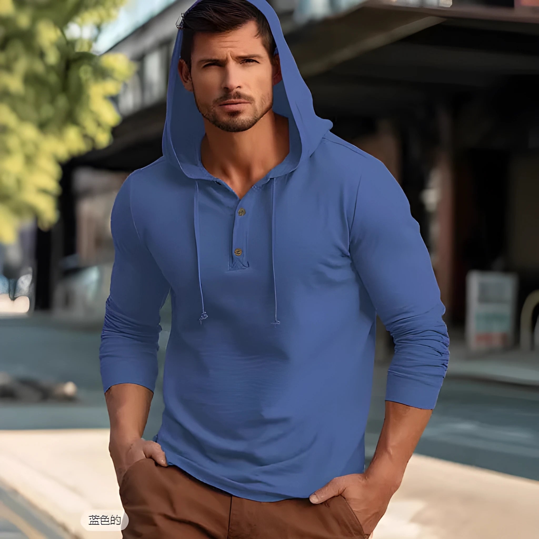 Men's cotton hooded sweatshirt in dark blue with pullover design and long sleeves