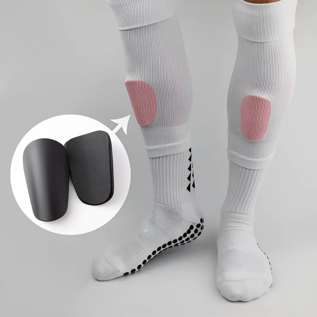 PU mini shin guards for football and sports, shown in black, white, red, and blue colours.