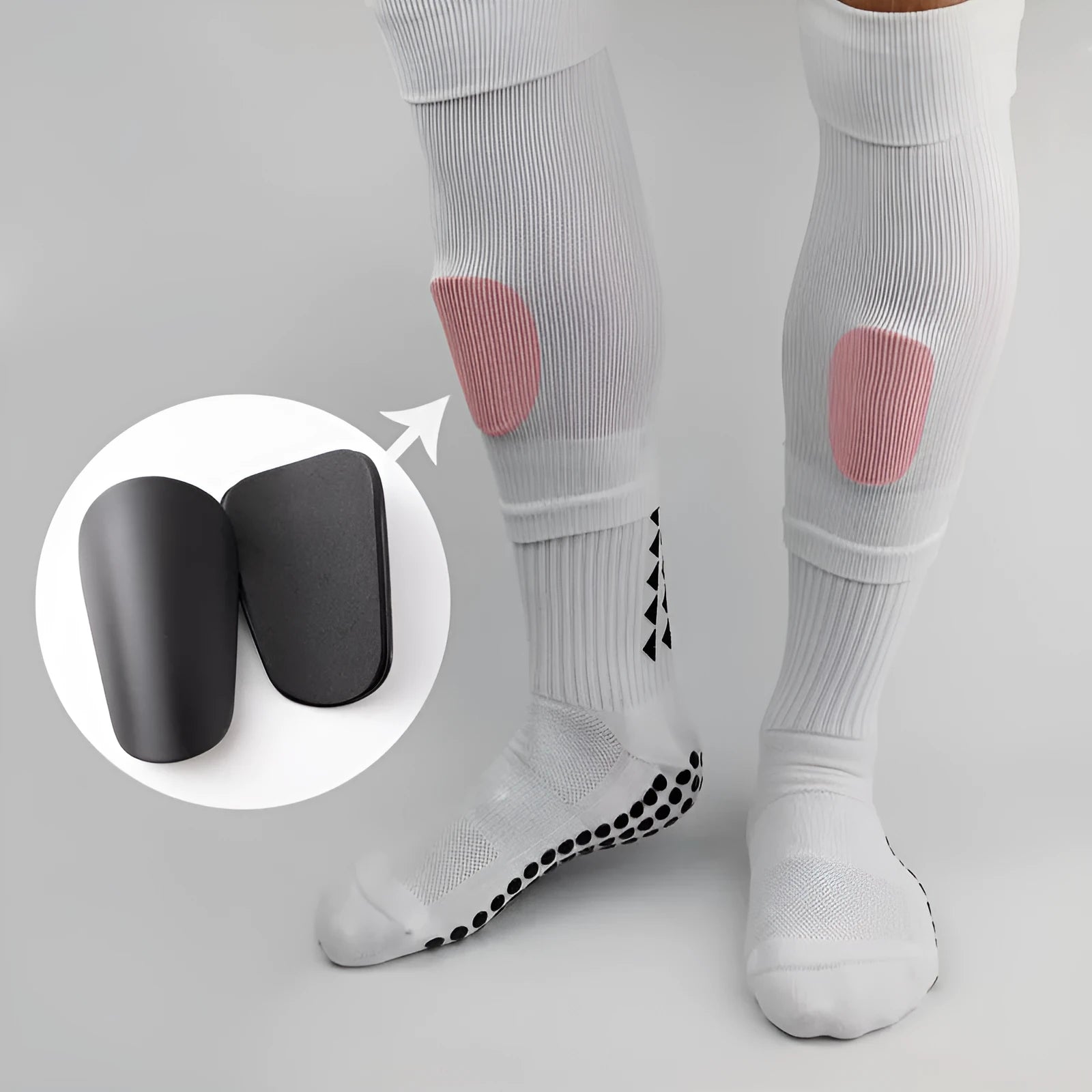 PU mini shin guards for football and sports, shown in black, white, red, and blue colours.
