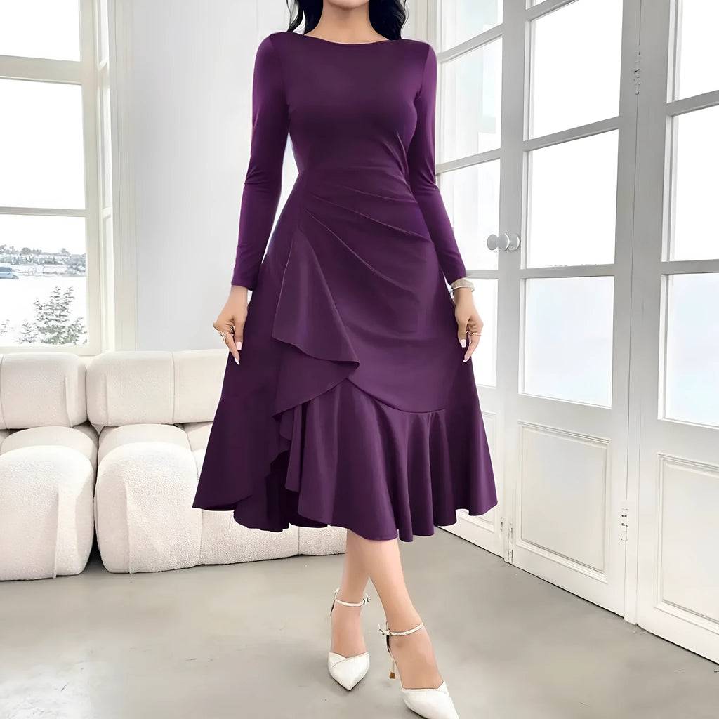 Purple women's long sleeve dress with ruffles and mid-waist design
