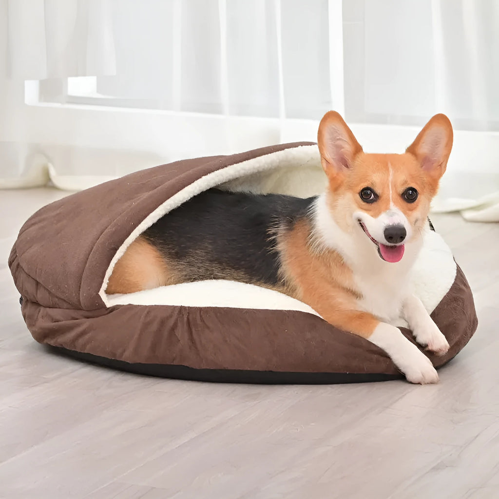 Brown removable cloth dog kennel bed shown in a small S size on a wooden floor.