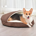 Brown removable cloth dog kennel bed shown in a small S size on a wooden floor.