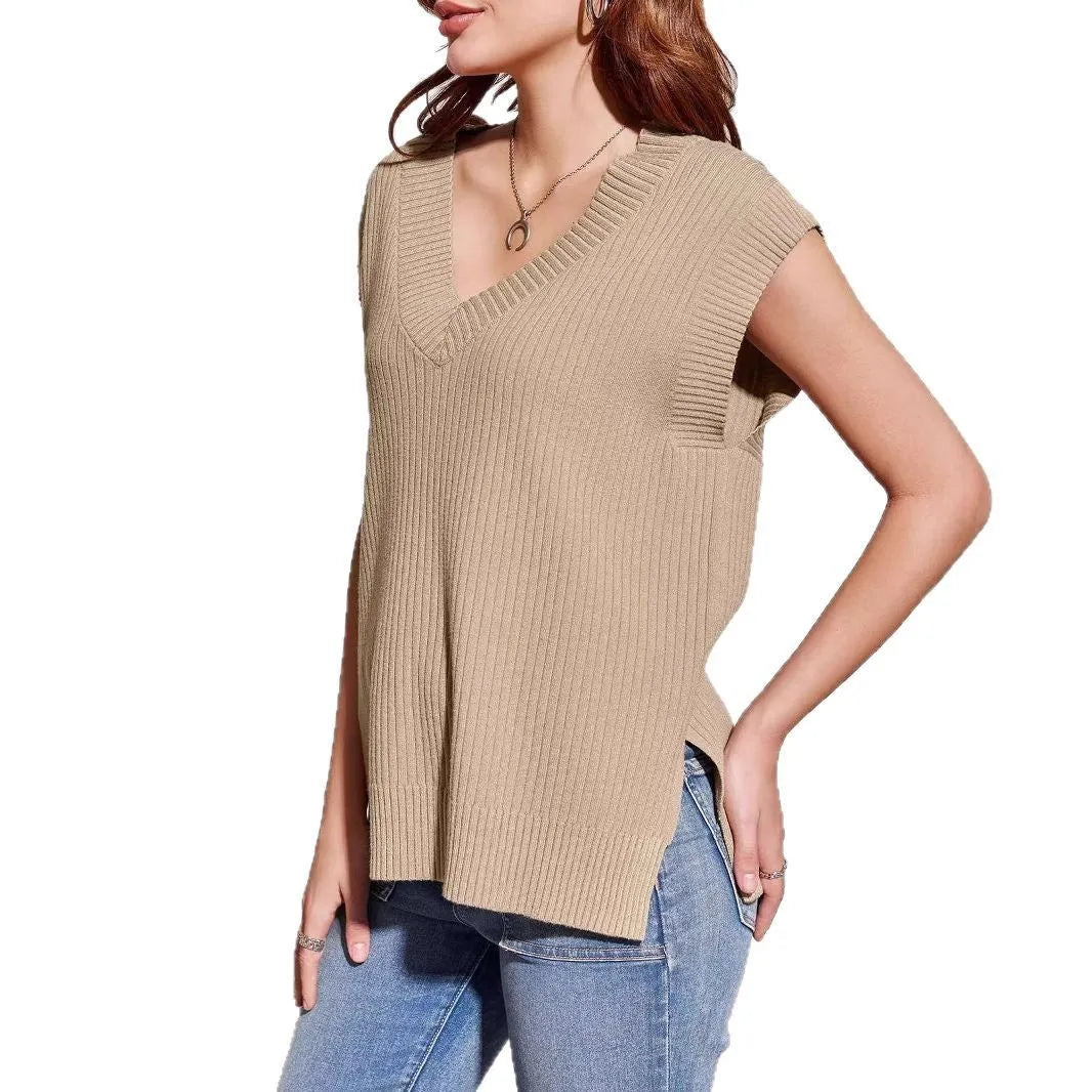 Camel and white V-neck sleeveless pullover vest showing striped and plaid pattern options