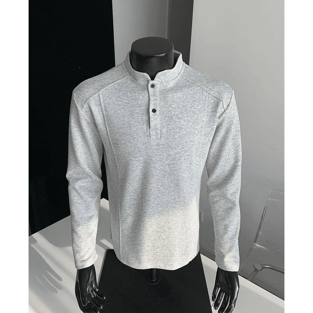 Men's long sleeve patchwork polo shirt with stand-up collar in black, heather gray, and white flower gray cotton fabric