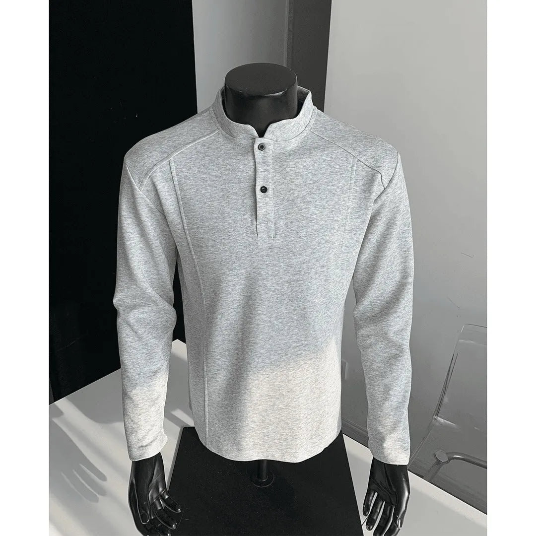 Men's long sleeve patchwork polo shirt with stand-up collar in black, heather gray, and white flower gray cotton fabric