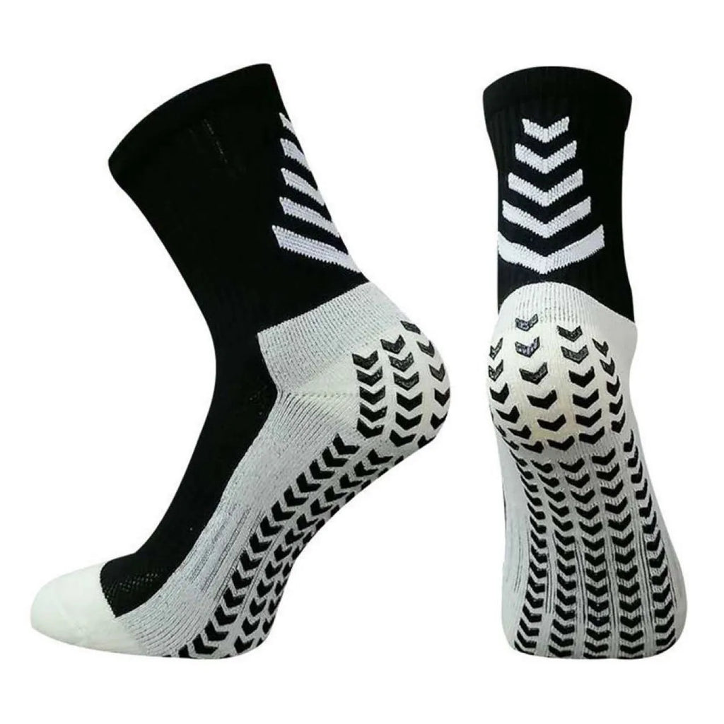 Men's mid-calf athletic socks with geometric patterns and silicone grip for running sports