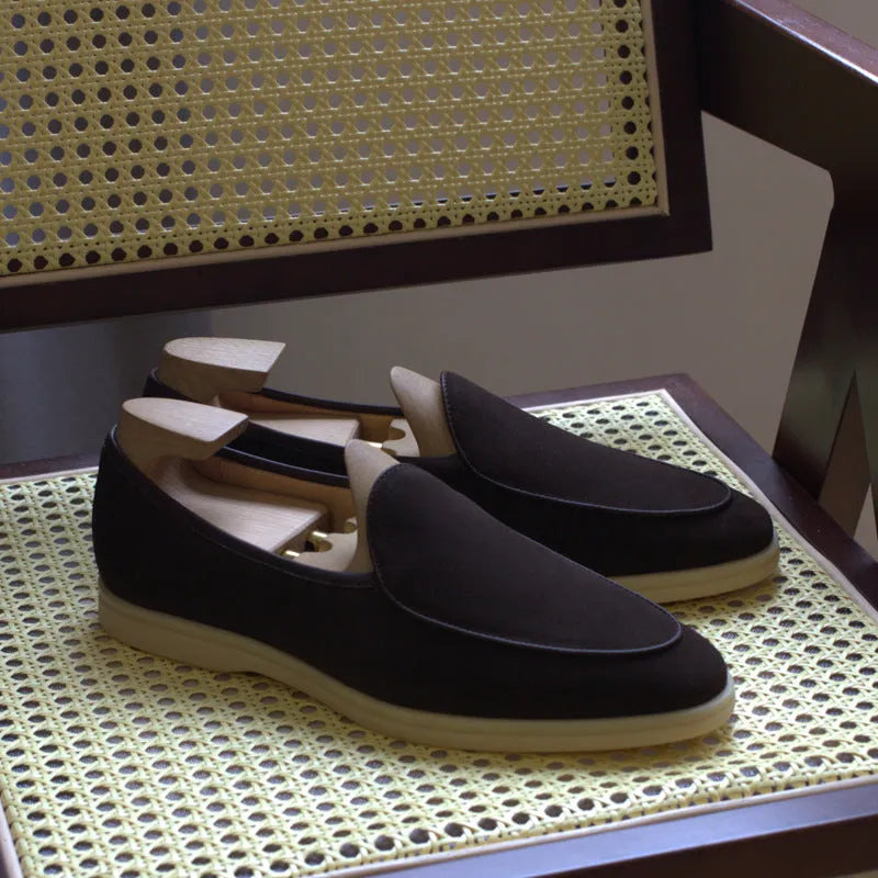 Men's brown genuine leather LP flat loafers with a low cuff, shown on a white background.