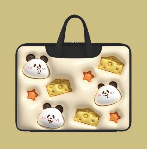 Inflatable PU leather laptop bag with hanging handle in panda pattern design for 15-inch laptops
