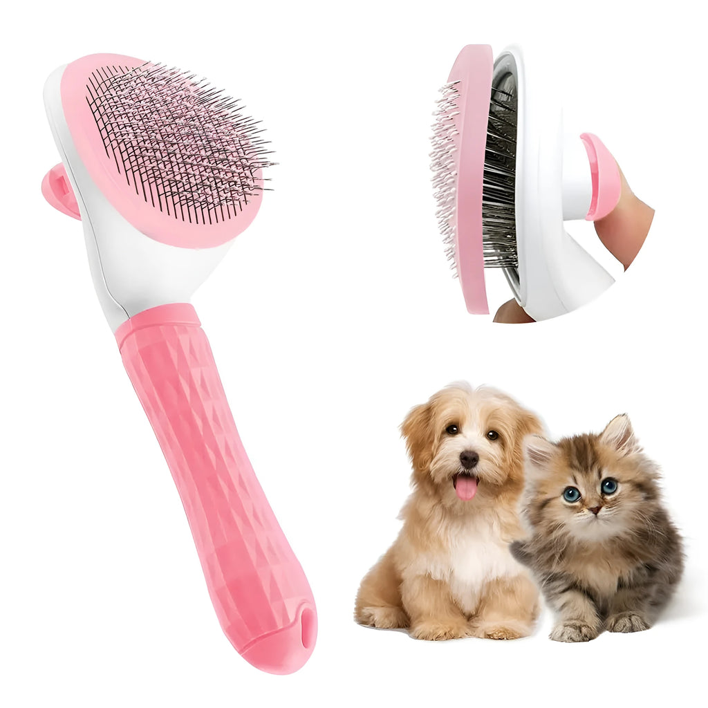 Cat grooming brush with release button in blue, grey or pink for removing loose fur and tangles