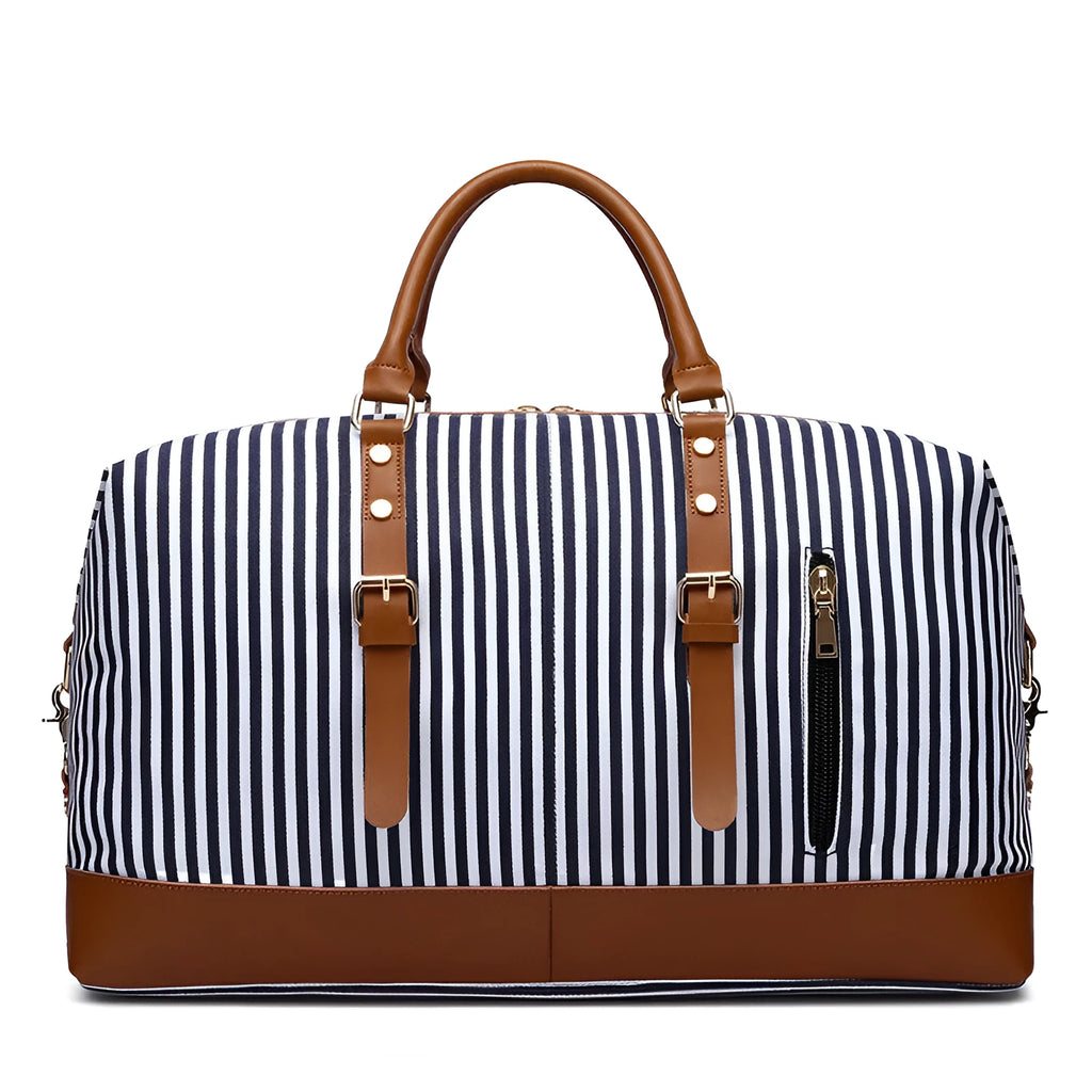 Canvas striped messenger travel bag in blue stripes, large 36-55L capacity, with shoulder strap and pull rod attachment