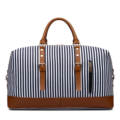 Canvas striped messenger travel bag in blue stripes, large 36-55L capacity, with shoulder strap and pull rod attachment